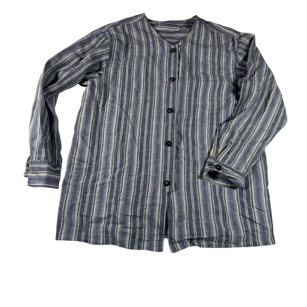 Blue White Striped Collarless Button Down Long Sleeve Shirt Tunic Top Linen